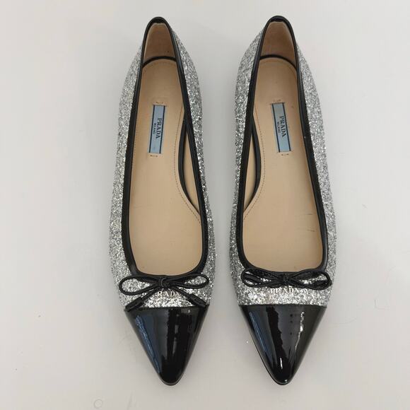 Prada Glitter Ballerina Flats Pointed Cap Toe Silver/Black Shoes 38.5 (US 8.5) - Picture 2 of 15